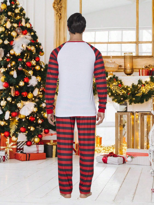 2pcs/set Men's Christmas Family Matching Pajamas Set, Reindeer Striped Long Sleeve Top & Long Pants, Holiday Leisure Homewear