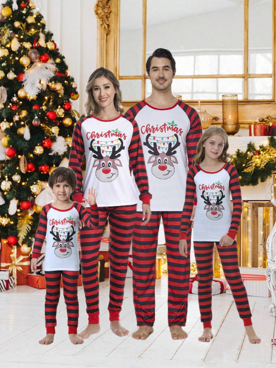 2pcs/set Men's Christmas Family Matching Pajamas Set, Reindeer Striped Long Sleeve Top & Long Pants, Holiday Leisure Homewear