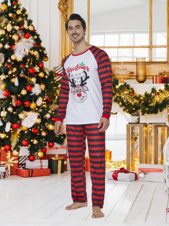 2pcs/set Men's Christmas Family Matching Pajamas Set, Reindeer Striped Long Sleeve Top & Long Pants, Holiday Leisure Homewear