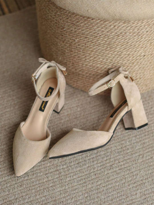 Butterfly Knot Hollow Out Chunky Heeled Apricot Pointed Toe Velvet High Heels