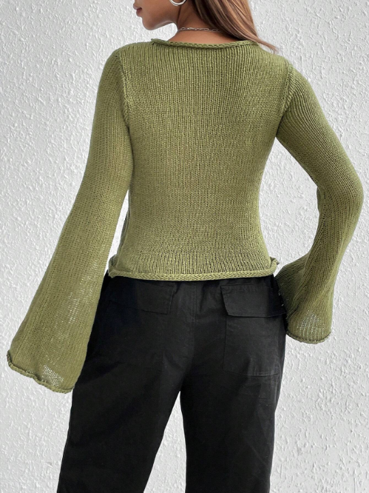 Versatile Sexy Solid Colored Bell Sleeve Sweater