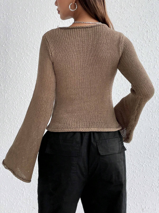 Solid Color Bell-sleeve Sweater, Sexy And Versatile