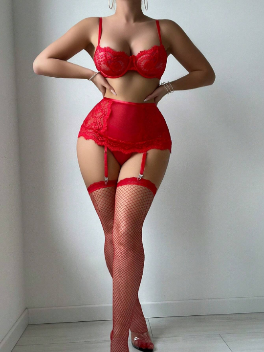 Lace Sexy Lingerie Set Of 5: 1pc Bra With Steel Ring, 1pc Garter Belt, 1pc Thong, 2 Pairs Of Stockings