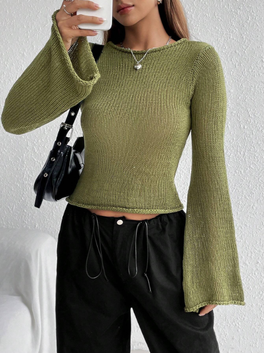 Versatile Sexy Solid Colored Bell Sleeve Sweater