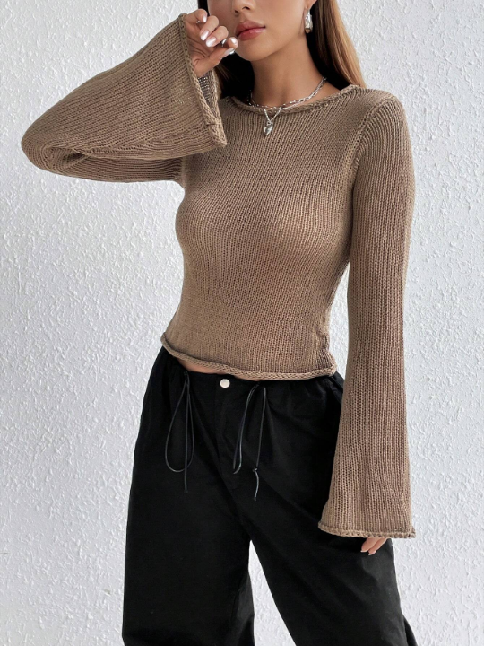 Solid Color Bell-sleeve Sweater, Sexy And Versatile