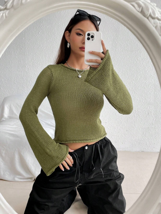 Versatile Sexy Solid Colored Bell Sleeve Sweater