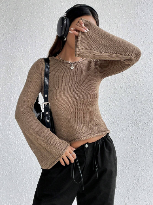 Solid Color Bell-sleeve Sweater, Sexy And Versatile