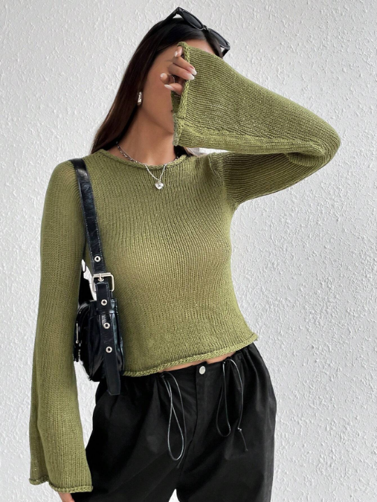 Versatile Sexy Solid Colored Bell Sleeve Sweater