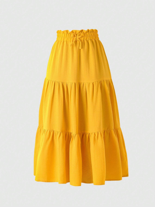 Tween Girl High Waisted Ruffled Hem Long Skirt With Paper Bag Waist