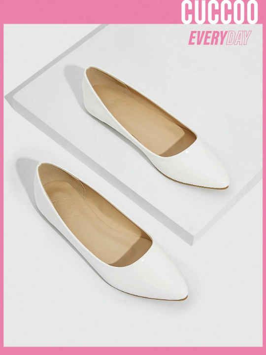 Cuccoo Everyday Collection Elegant White Ballet Shoes For Women, Point Toe Slip On Flats