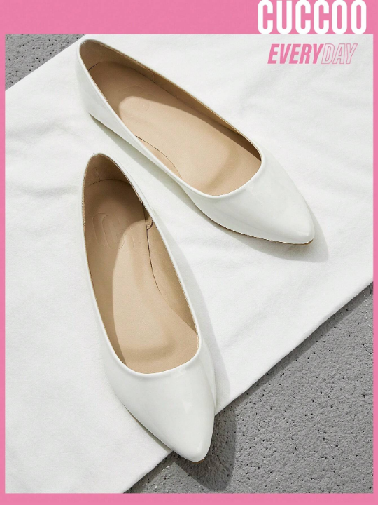 Cuccoo Everyday Collection Elegant White Ballet Shoes For Women, Point Toe Slip On Flats