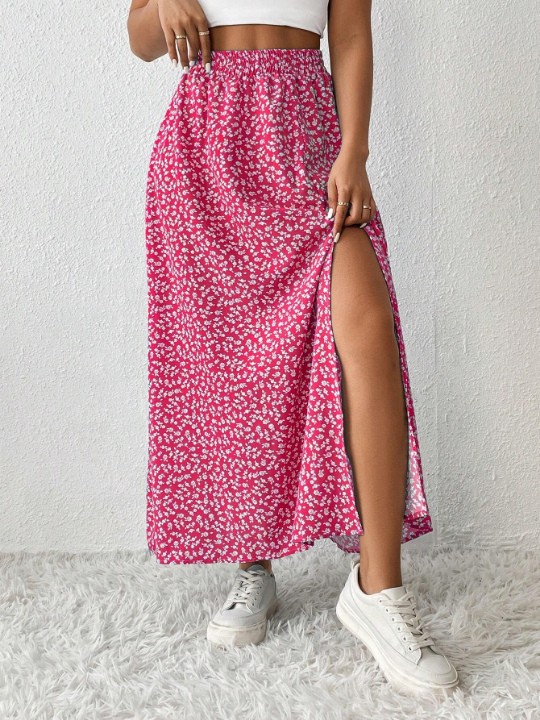 PETITE Women's High Slit Floral Print Skirt