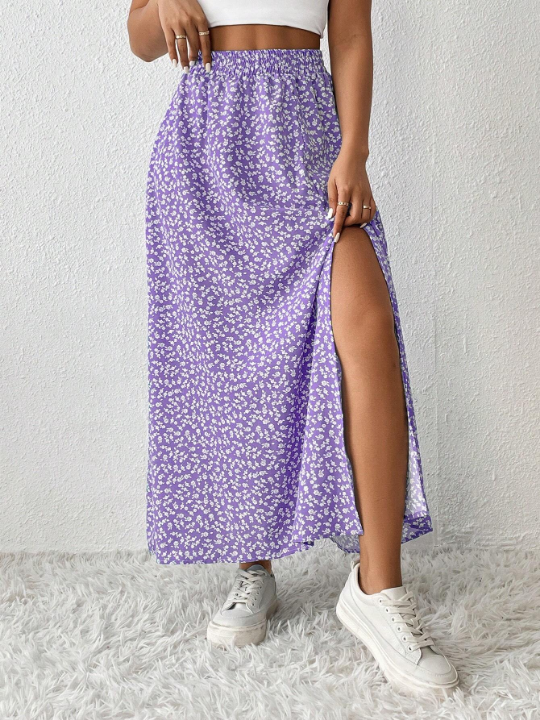 PETITE Women's Floral Print High Slit Skirt