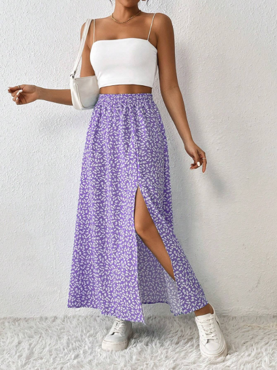 PETITE Women's Floral Print High Slit Skirt