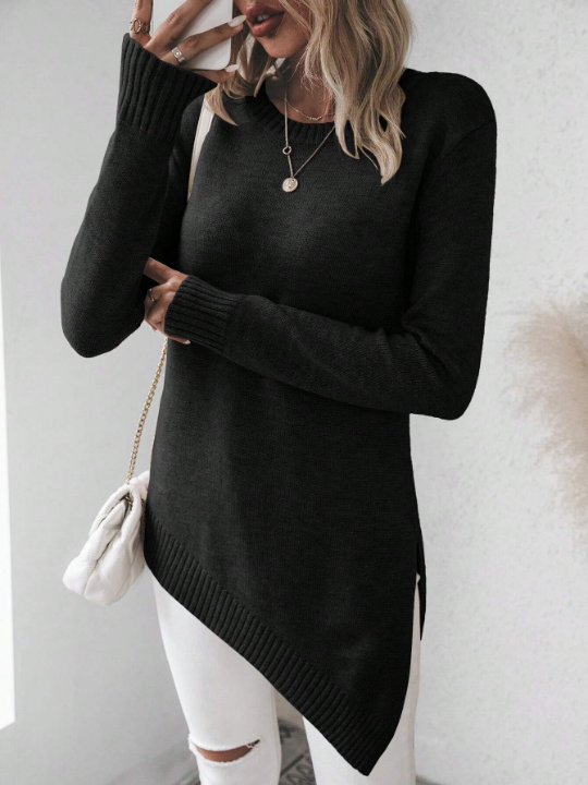 Frenchy Solid Color Asymmetrical Hem Drop Shoulder Sweater