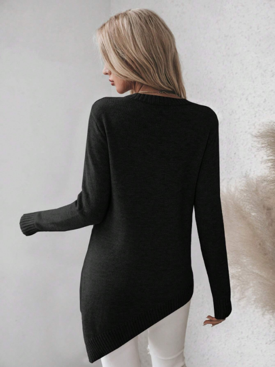 Frenchy Solid Color Asymmetrical Hem Drop Shoulder Sweater