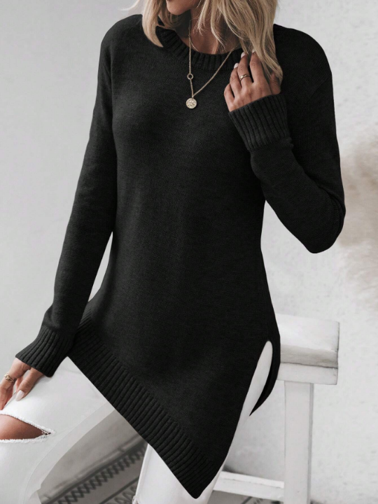 Frenchy Solid Color Asymmetrical Hem Drop Shoulder Sweater