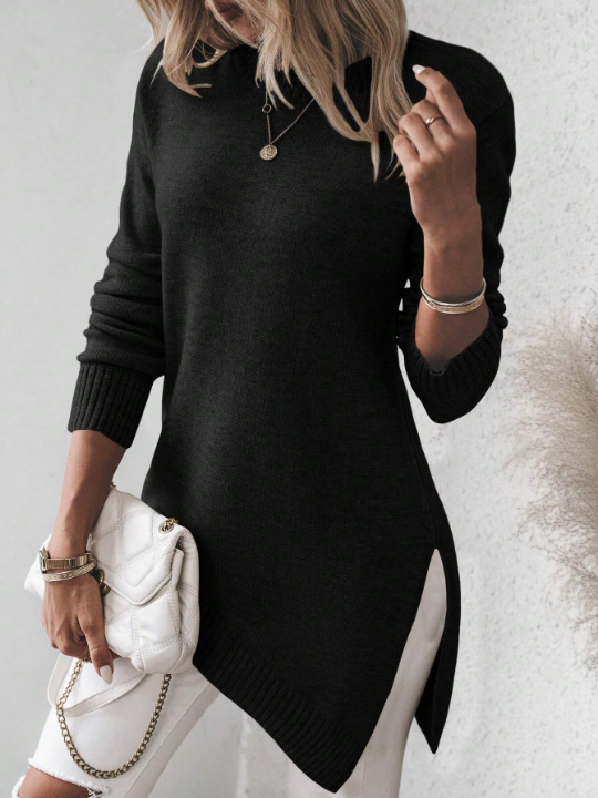 Frenchy Solid Color Asymmetrical Hem Drop Shoulder Sweater