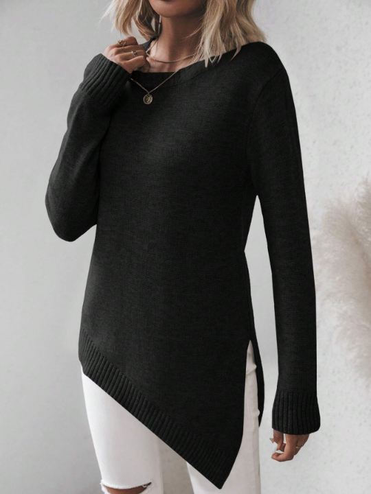 Frenchy Solid Color Asymmetrical Hem Drop Shoulder Sweater