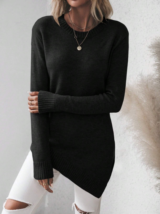 Frenchy Solid Color Asymmetrical Hem Drop Shoulder Sweater