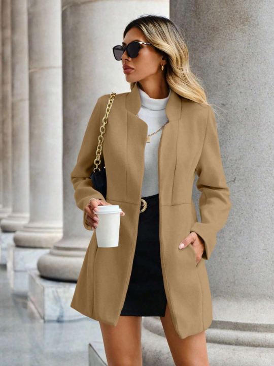 Women's Stand Collar Open Front Woolen Coat