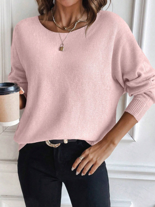 Essnce Casual Round Neck Solid Color Batwing Sleeve Loose Sweater