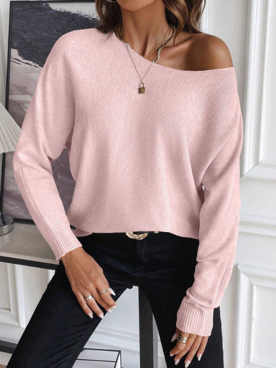 Essnce Casual Round Neck Solid Color Batwing Sleeve Loose Sweater