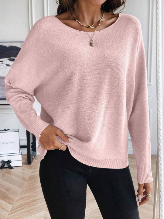 Essnce Casual Round Neck Solid Color Batwing Sleeve Loose Sweater