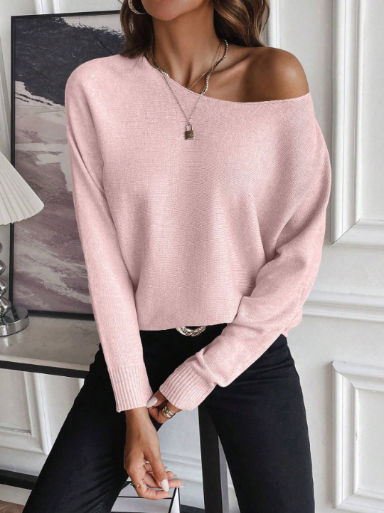 Essnce Casual Round Neck Solid Color Batwing Sleeve Loose Sweater