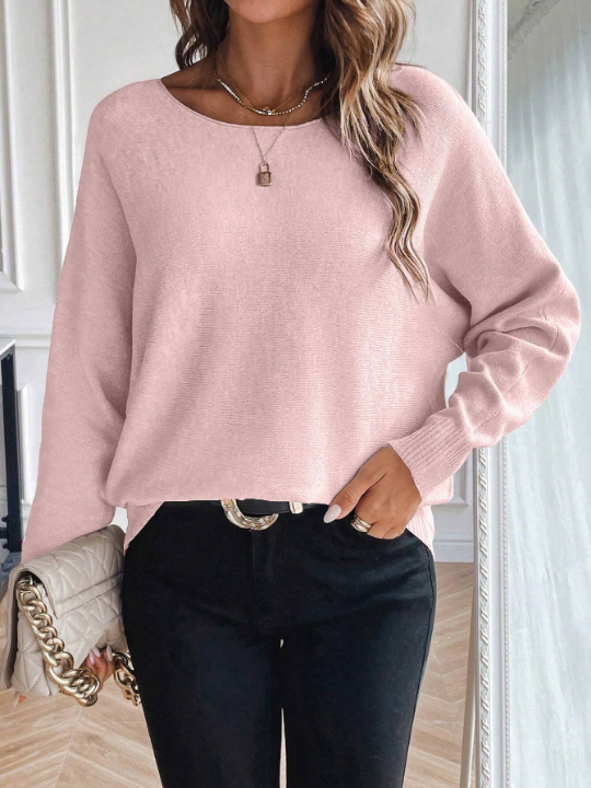 Essnce Casual Round Neck Solid Color Batwing Sleeve Loose Sweater