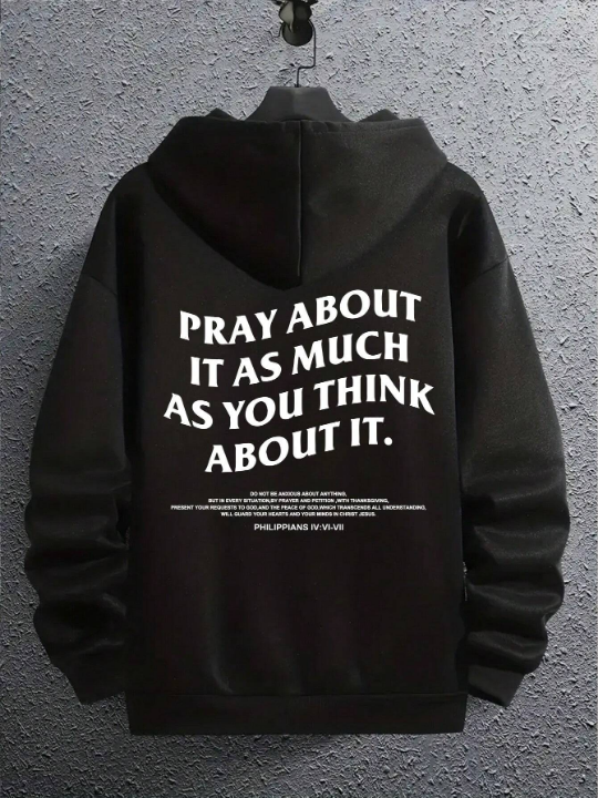 Men Slogan & Cross Graphic Drop Shoulder Drawstring Hoodie