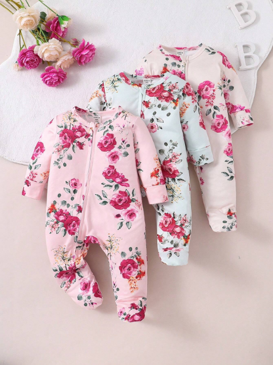 3pcs Baby Girls' Floral Print Footed Romper With Y-shaped Zipper