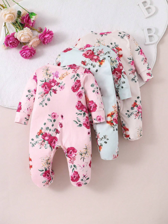 3pcs Baby Girls' Floral Print Footed Romper With Y-shaped Zipper