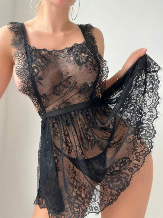 2pcs/set Lace Perspective Dress And Thong Sexy Lingerie Set