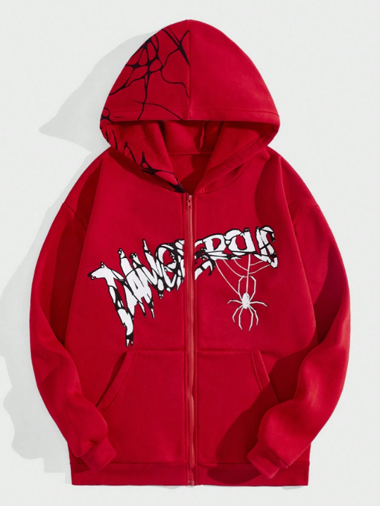 ROMWE Grunge Punk Men Spider Web & Letter Printed Hooded Fleece Sweatshirt