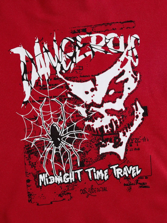 ROMWE Grunge Punk Men Spider Web & Letter Printed Hooded Fleece Sweatshirt