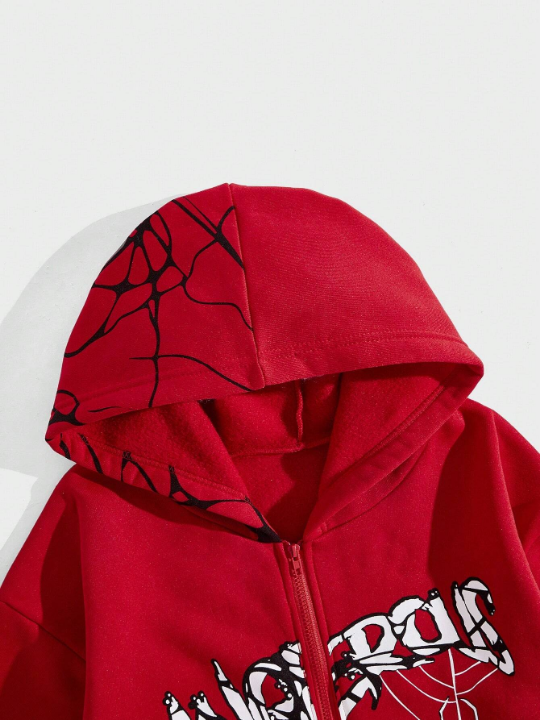 ROMWE Grunge Punk Men Spider Web & Letter Printed Hooded Fleece Sweatshirt