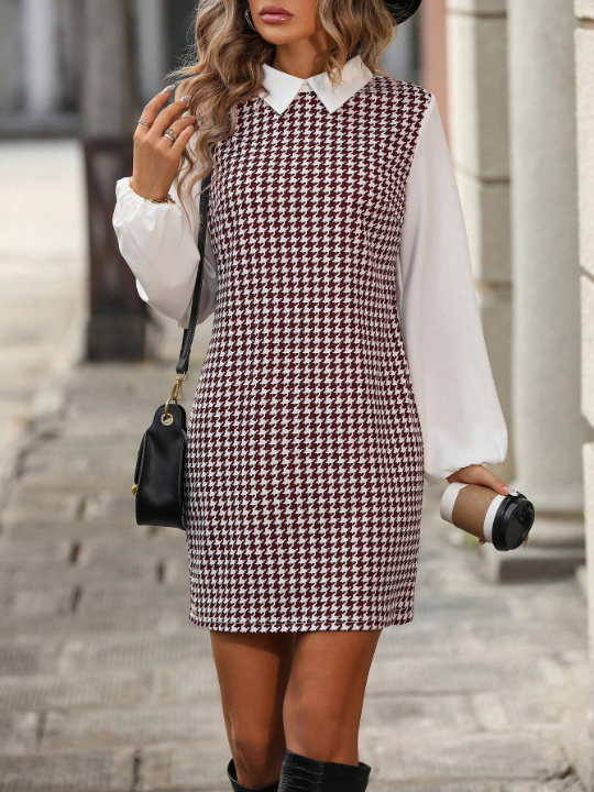 Houndstooth Splicing Lantern Sleeve Dress