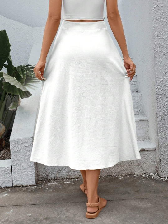 VCAY White A-line Skirt With Button Placket, Midi Length