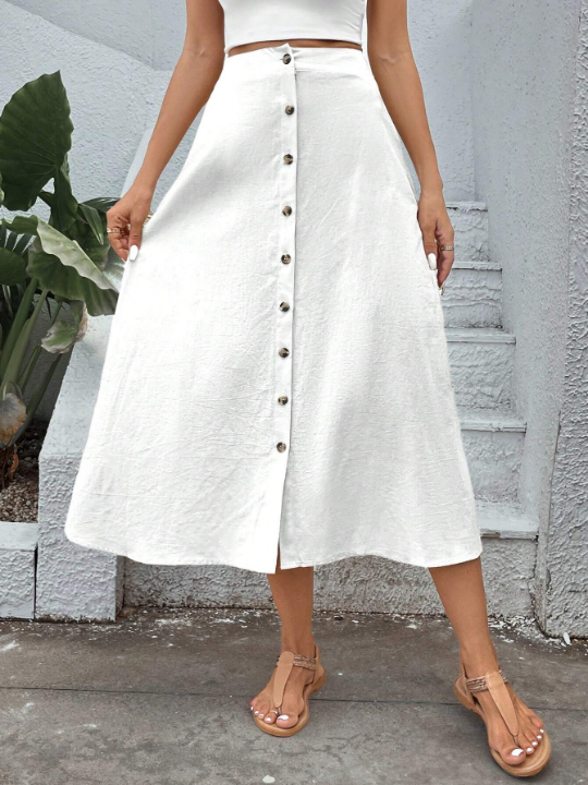 VCAY White A-line Skirt With Button Placket, Midi Length