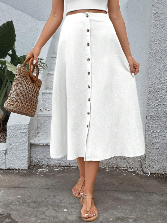 VCAY White A-line Skirt With Button Placket, Midi Length