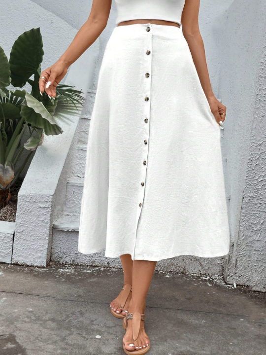 VCAY White A-line Skirt With Button Placket, Midi Length