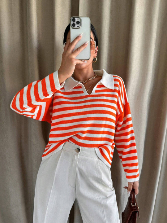 Frenchy Striped Pattern Drop Shoulder Sweater