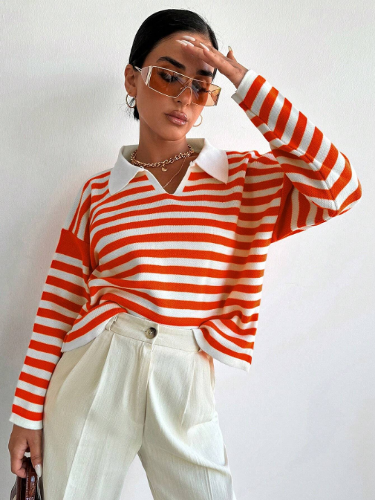 Frenchy Striped Pattern Drop Shoulder Sweater