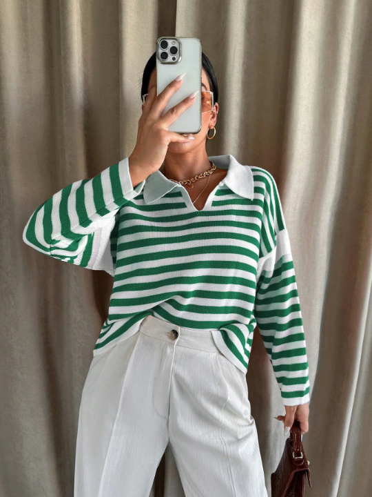 Women's Striped Drop Shoulder Sweater With Patchwork Collar