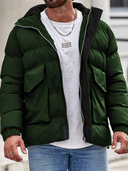 Manfinity Loose Men's Flap Pocket Zipper Hooded Puffer Coat