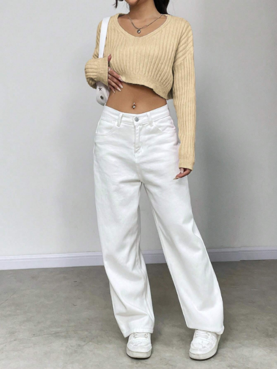 Women'S Solid Color V-Neck Long Sleeve Cropped Ribbed Knit Sweater