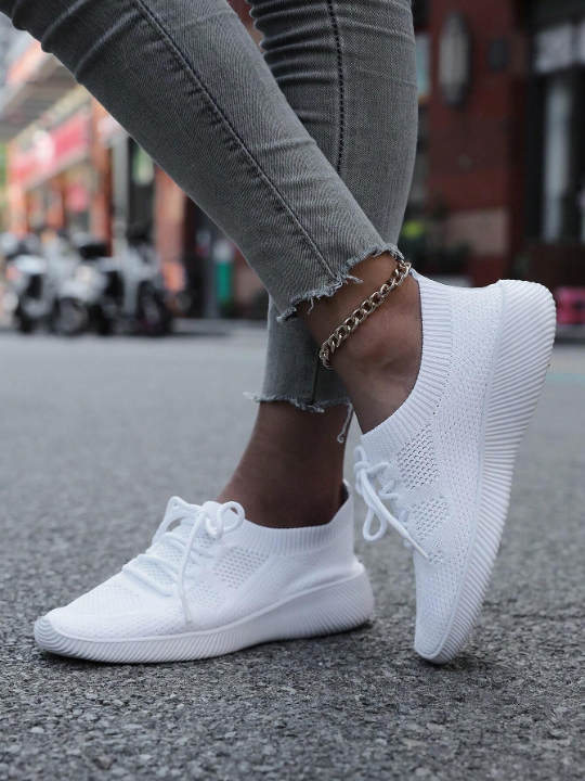 Spring & Autumn Fashionable White Breathable Lace-up Women's Running Shoes