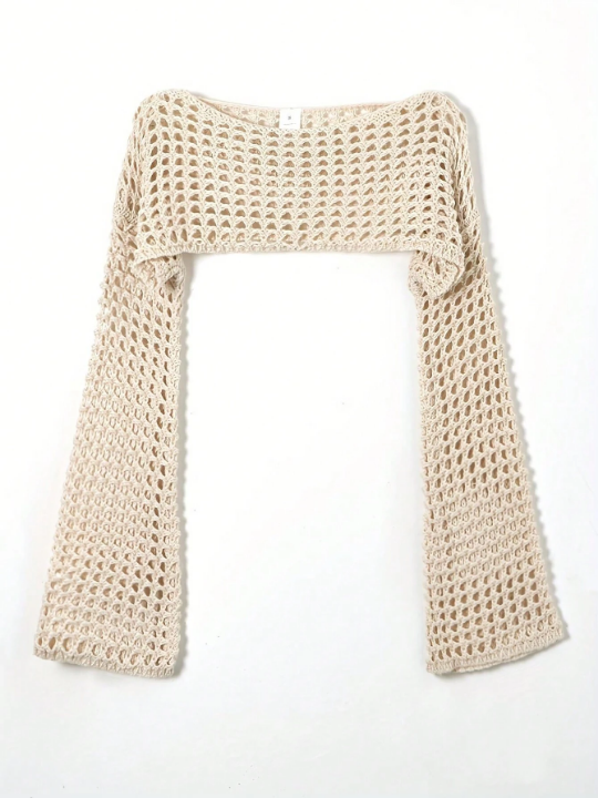 Hollow Out Knit Crop Sweater With Bell Sleeve