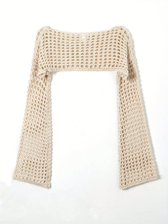 Hollow Out Knit Crop Sweater With Bell Sleeve